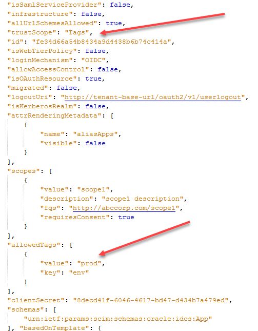 Parte de una solicitud de ejemplo con flechas rojas que apuntan al parámetro trustScope y al parámetro allowedTags.