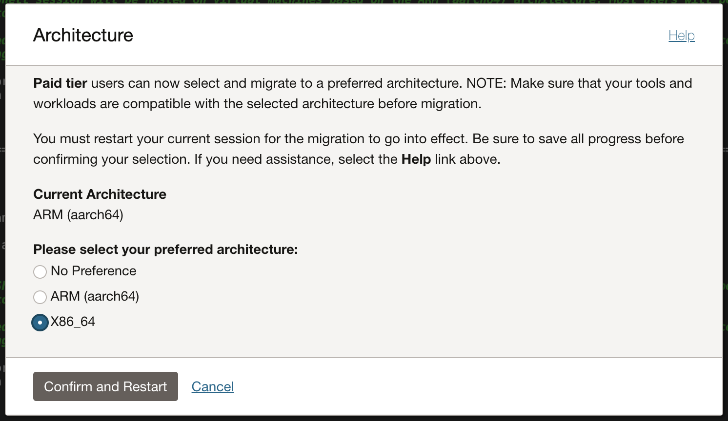 Cuadro de diálogo de arquitectura de cambio de Cloud Shell