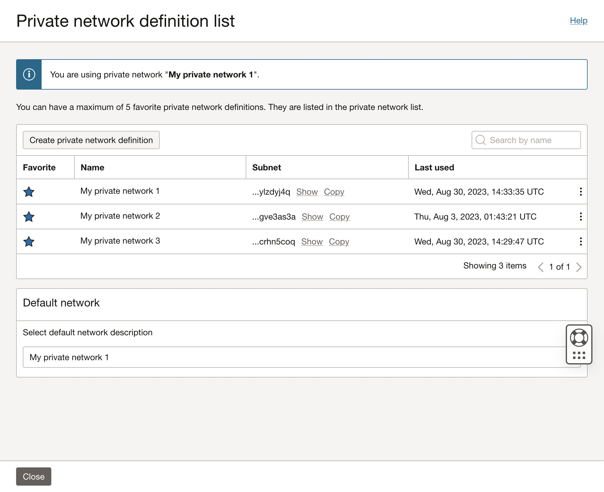 Lista de definiciones de red privada de Cloud Shell