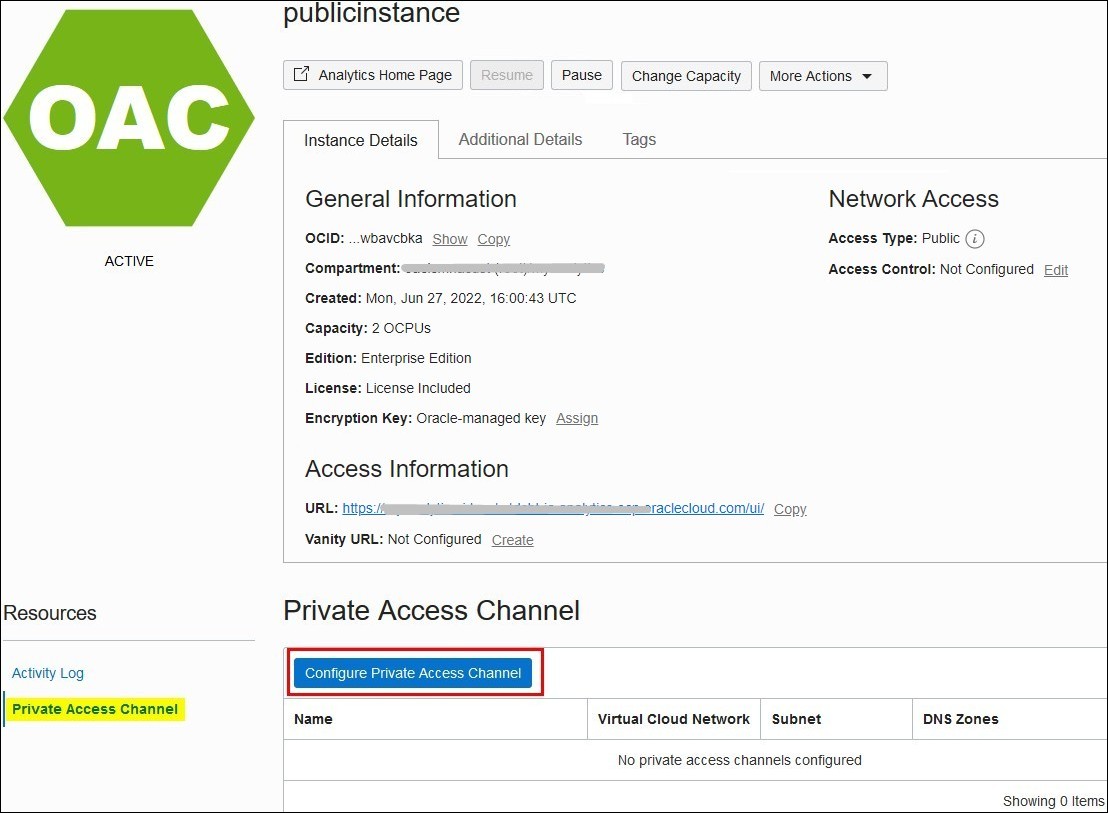 Botón Configurar canal de acceso privado