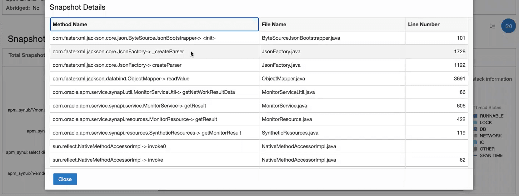 Detalles de instantánea que muestran una tabla con nombres de método, nombres de archivo y números de línea. Detalles de instantánea que muestran una tabla con nombres de método, nombres de archivo y números de línea.