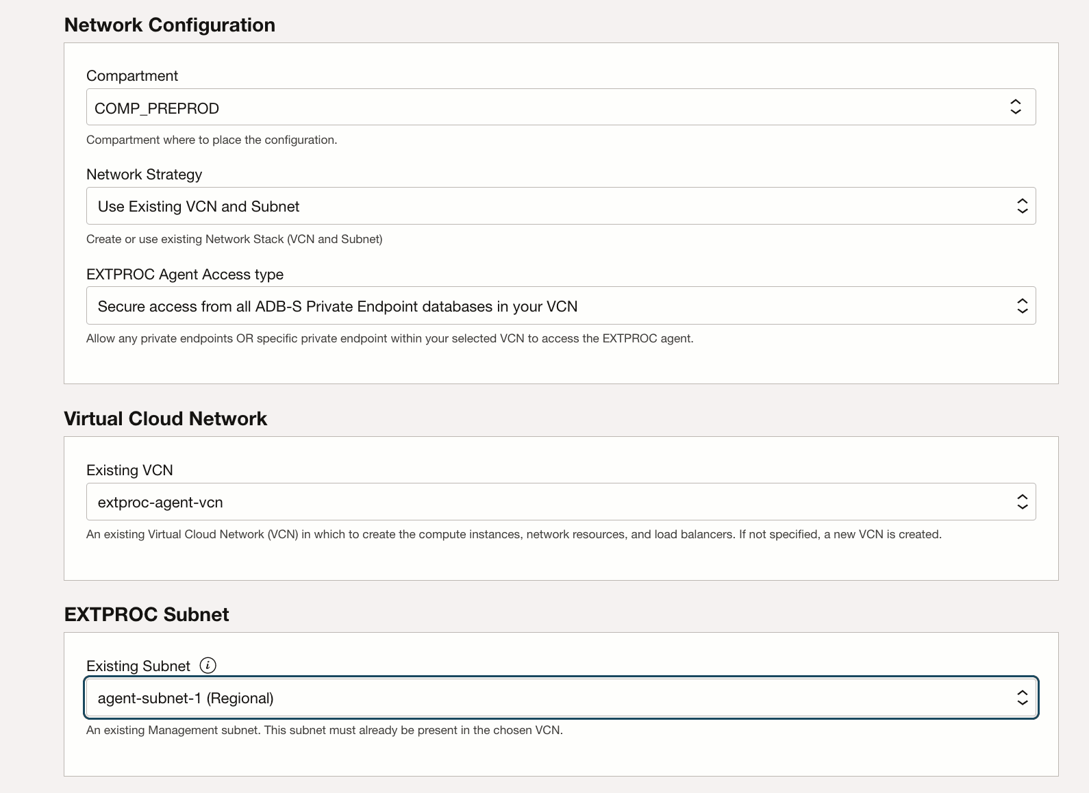 Descripción de adbs_extproc_network_configuration_existing_vcn.png a continuación