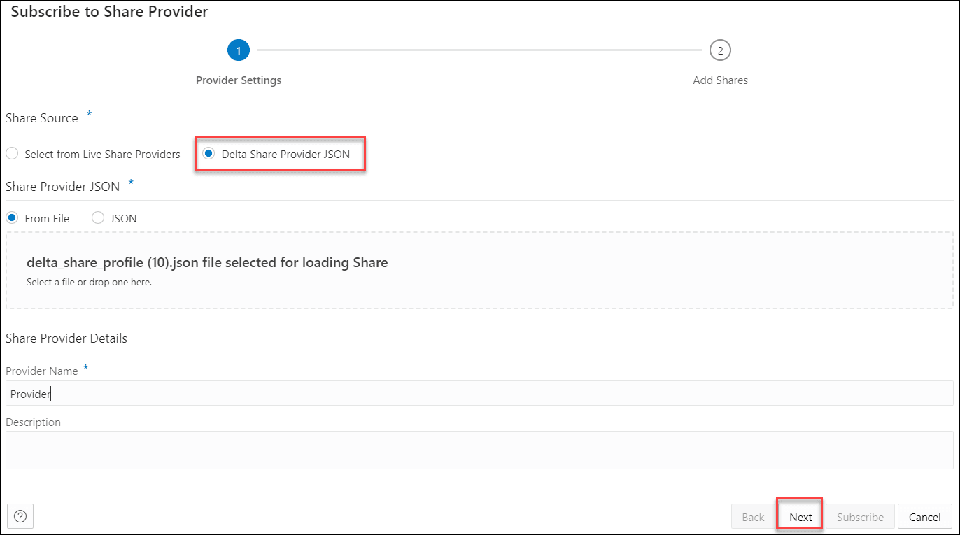 A continuación, se incluye la Descripción de subscribe-share-provider-version-providersettings.png