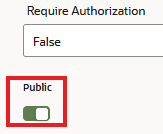 Esta es una captura de pantalla de parte de la página Configuración que muestra el campo Requerir autorización y el conmutador Público.