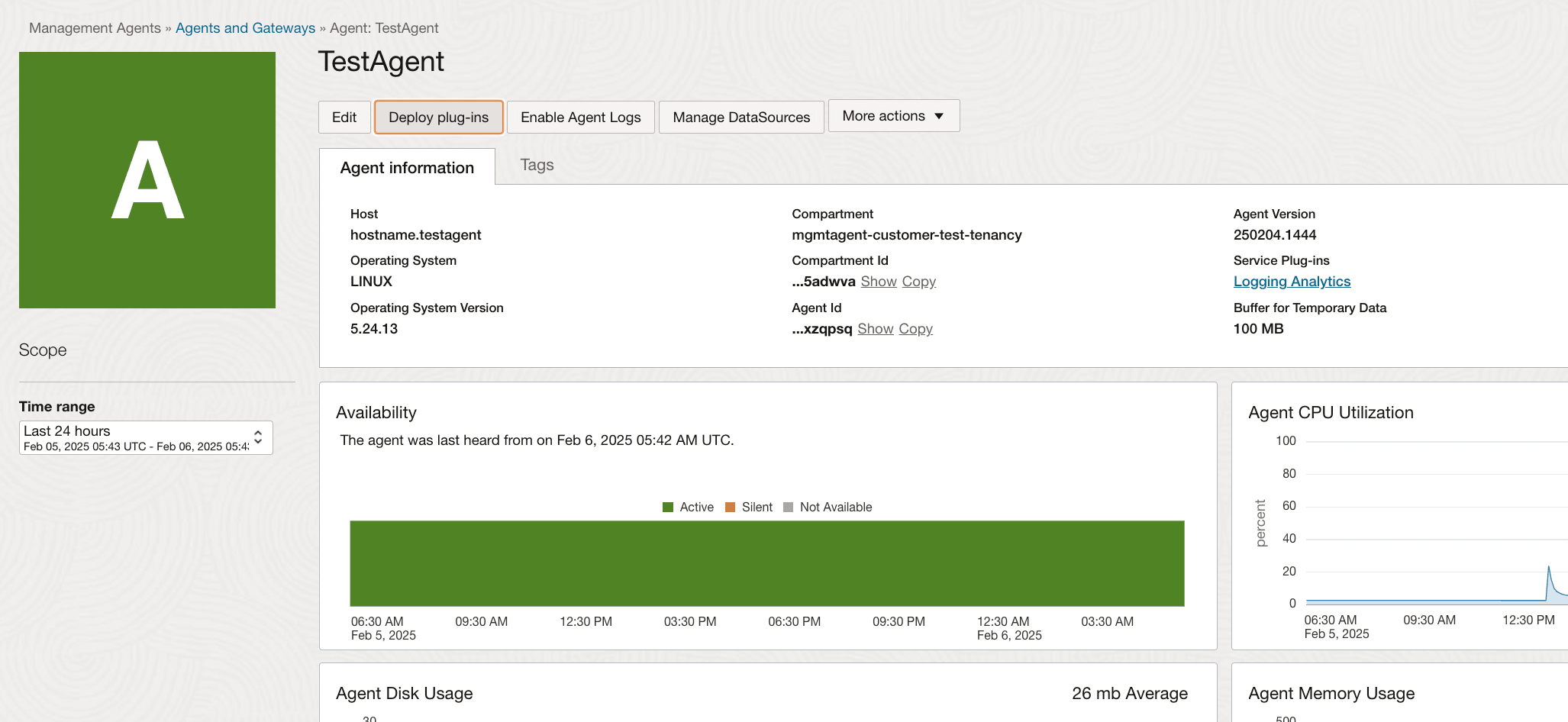 Página de detalles del agente, con la opción de desplegar plugins. Página de detalles del agente, con la opción de desplegar plugins.