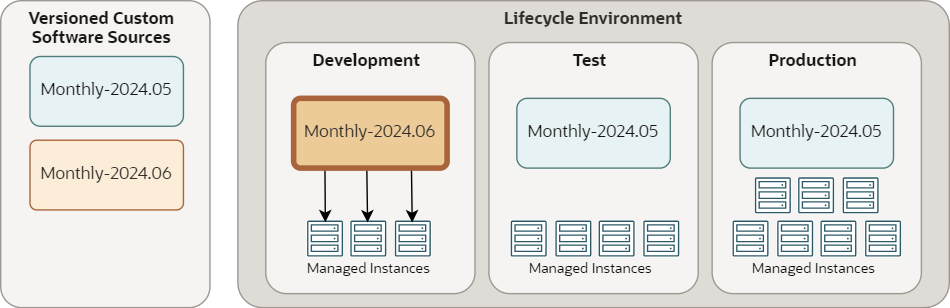 Ejemplo de ciclo de vida que muestra dos orígenes de software. La fuente más reciente se promociona a la etapa de desarrollo.