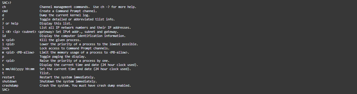 Liste des exemples de sortie des commandes SAC