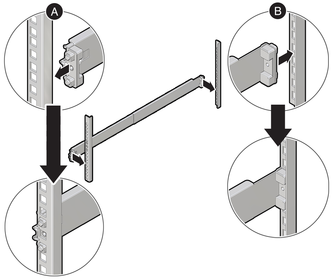 Illustration montrant comment monter les supports de montage sur un rack.