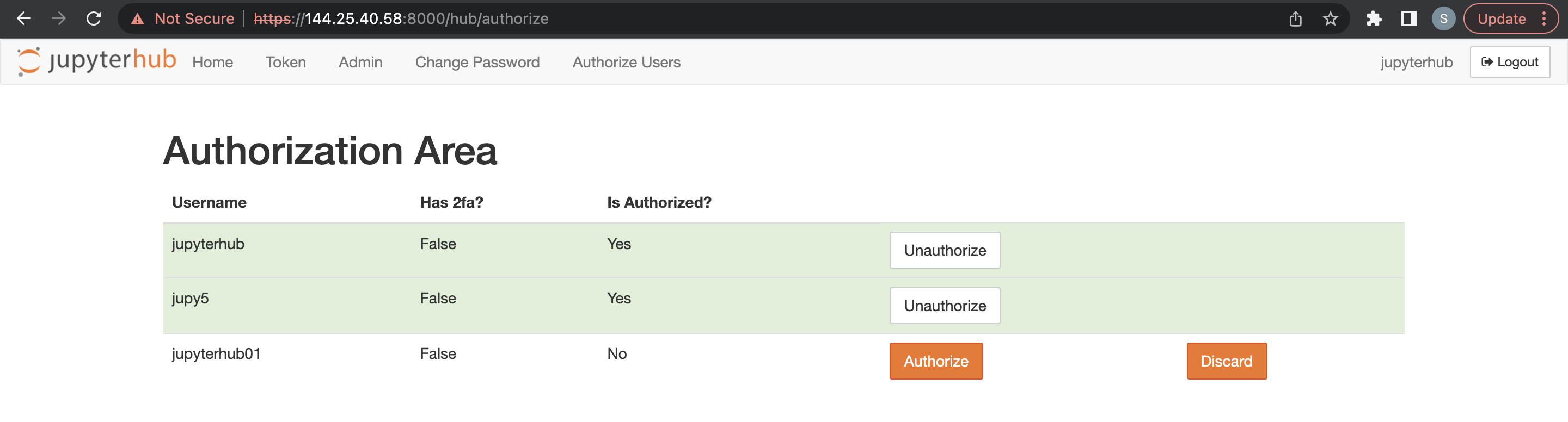 Capture d'écran de la page Autoriser des utilisateurs dans JupyterHub