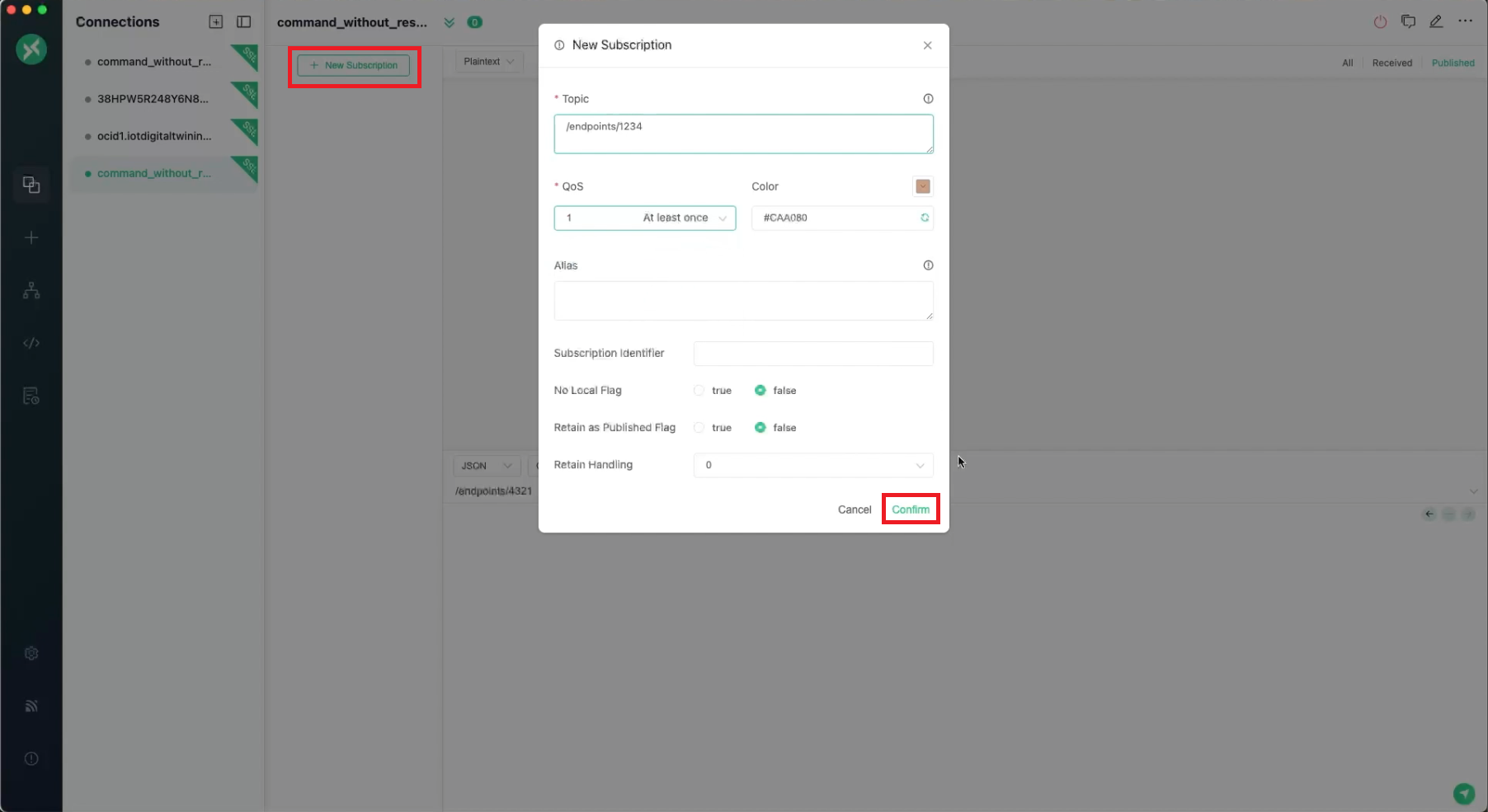 Dans MQTTX, entrez l'adresse comme sujet et confirmez l'abonnement.