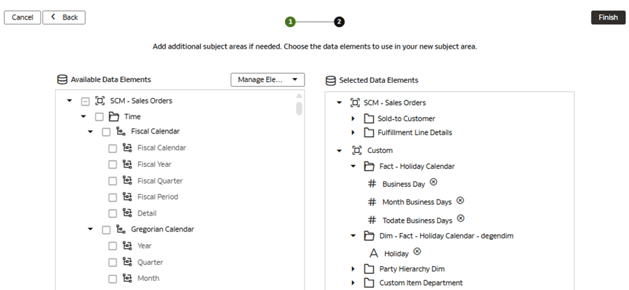Etape 2 de l'assistant sur la page Modifier un domaine - SCM - Commandes client affichant les éléments de données sélectionnés