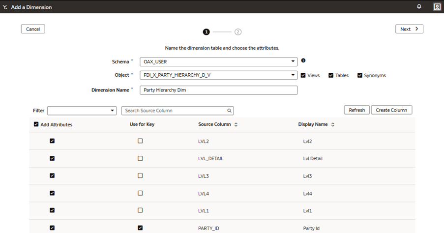 Etape 1 de l'assistant sur la page Ajouter une dimension