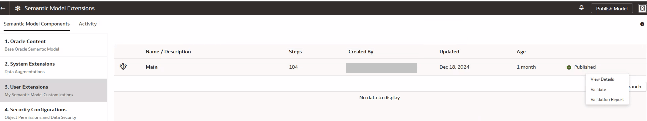 Option Valider dans le menu Action de la branche principale