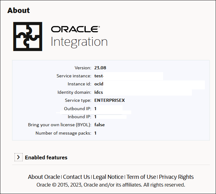 Le menu A propos d'Oracle Integration affiche les champs Version, Instance de service, ID d'instance, Domaine d'identité, Type de service, Adresse IP sortante, Adresse IP entrante, BYOL (Bring Your Own License) et Nombre de packs de messages.