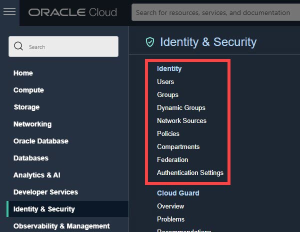 Console Oracle Cloud dans laquelle le menu Identité et sécurité ne contient pas l'option Domaines