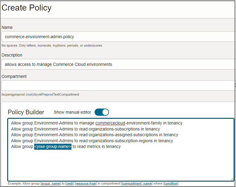 Detail showing the Policy Builder with pasted statements and updated group names