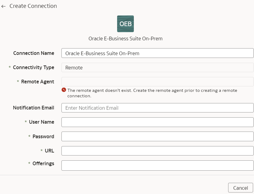 Create Connection for Oracle E-Business Suite On-Prem dialog