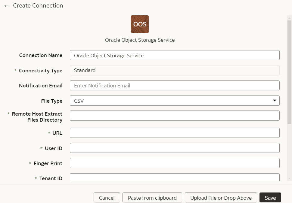 Create Connection for Oracle Object Storage Service dialog