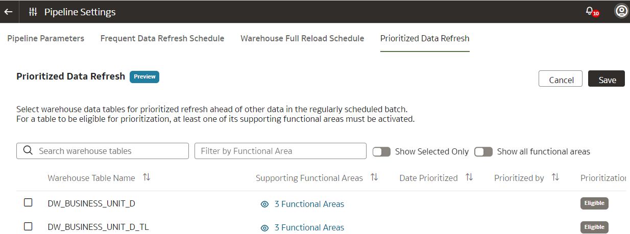 Prioritized Data Refresh tab on the Pipeline Settings page