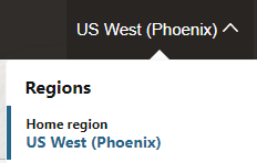 The drop-down menu in the banner shows the Regions section. The Home Region of US West (Phoenix) is displayed.