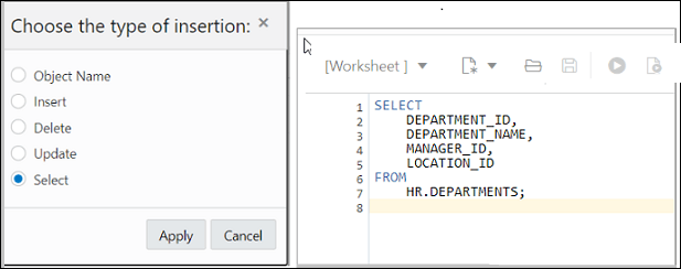 This image shows the SQL code that is generated for an object in the worksheet editor when the SELECT statement is selected. This image shows the SQL code that is generated for an object in the worksheet editor when the SELECT statement is selected.