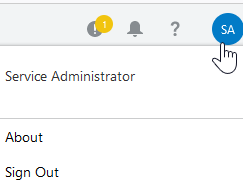 Four icons appear at the top. The fourth icon is clicked to show options for Service Administrator, About, and Sign Out.