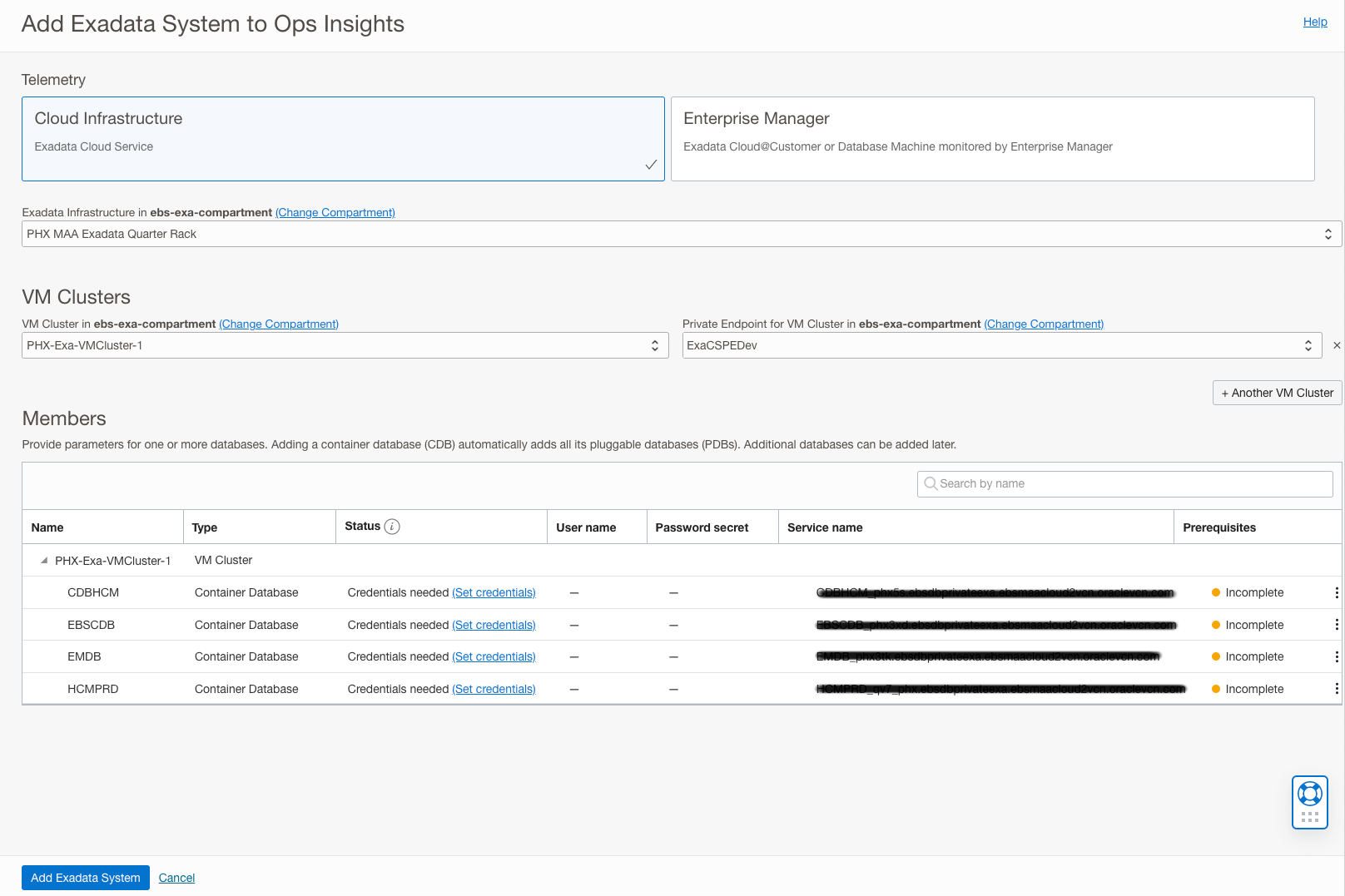 Image shows the Add Exadata System to Ops Insights dialog.