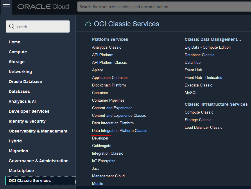 Developer option in the OCI Console Navigation menu