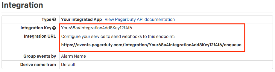 PagerDuty統合キーおよび統合URL。
