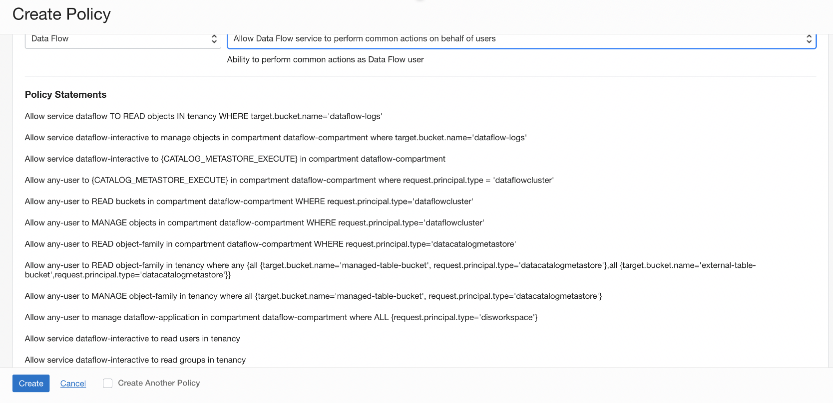 ポリシー「データ・フロー・サービスによるユーザーのかわりに共通アクションの実行の許可」が選択され、そのポリシー・ステートメントが表示されます。