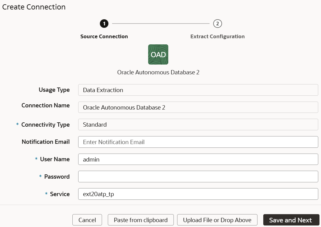 「ソース接続」タブが表示されている「Oracle Autonomous Databaseの接続の作成」ダイアログ