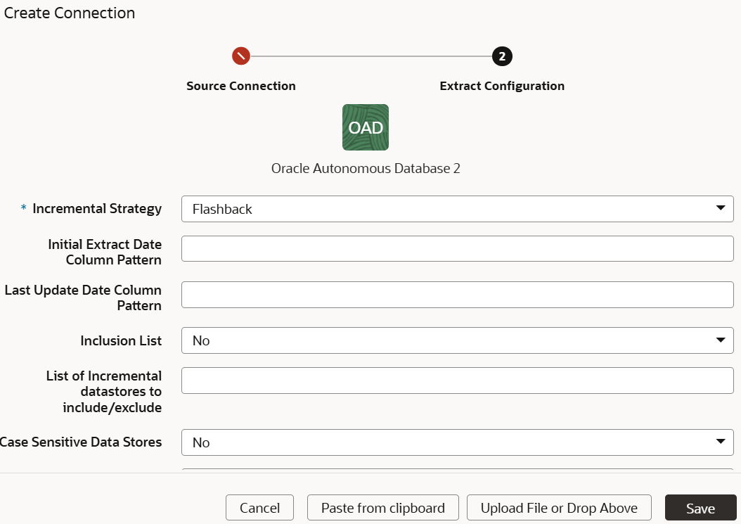 「Extract構成」タブが表示されている「Oracle Autonomous Databaseの接続の作成」ダイアログ