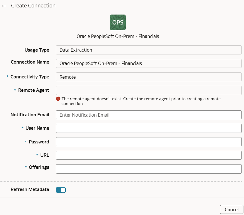 Oracle PeopleSoft On-Prem - Financialsの接続の作成ダイアログ