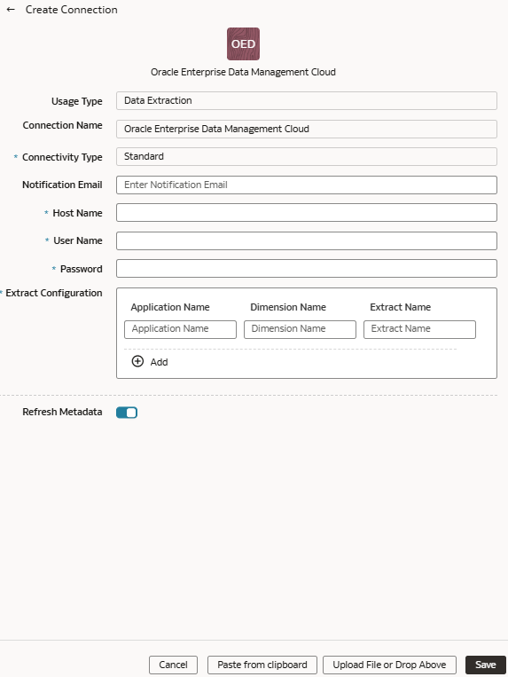 「Oracle Enterprise Data Management Cloudの接続の作成」ダイアログ