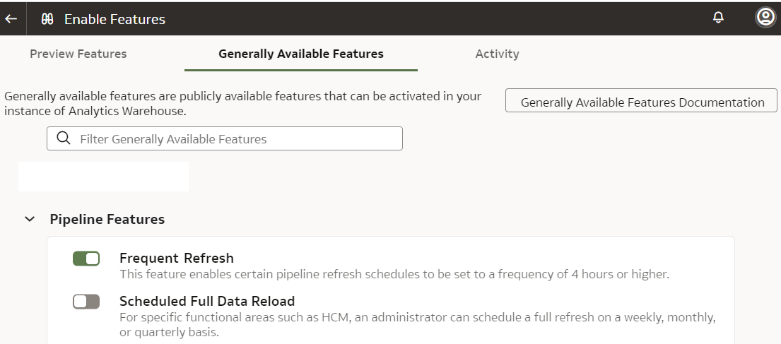 一般に使用可能な機能が表示されている「Enable Features」ページ。