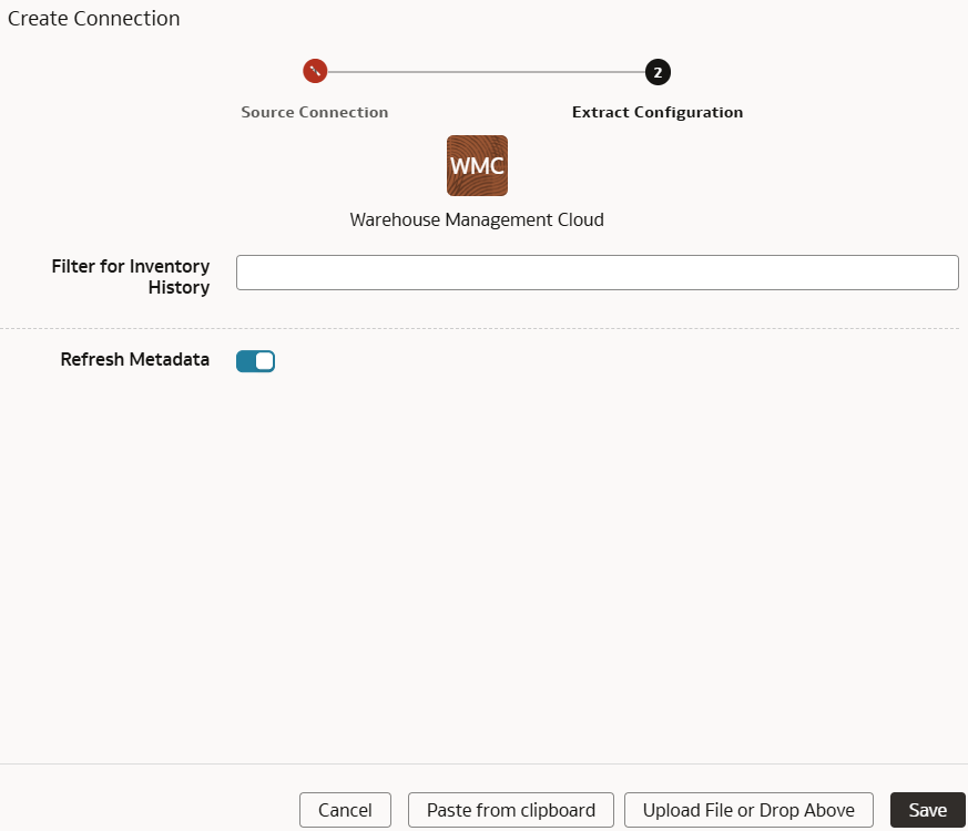 「Extract構成」タブが表示されている「Oracle Warehouse Management Cloudの接続の作成」ダイアログ。