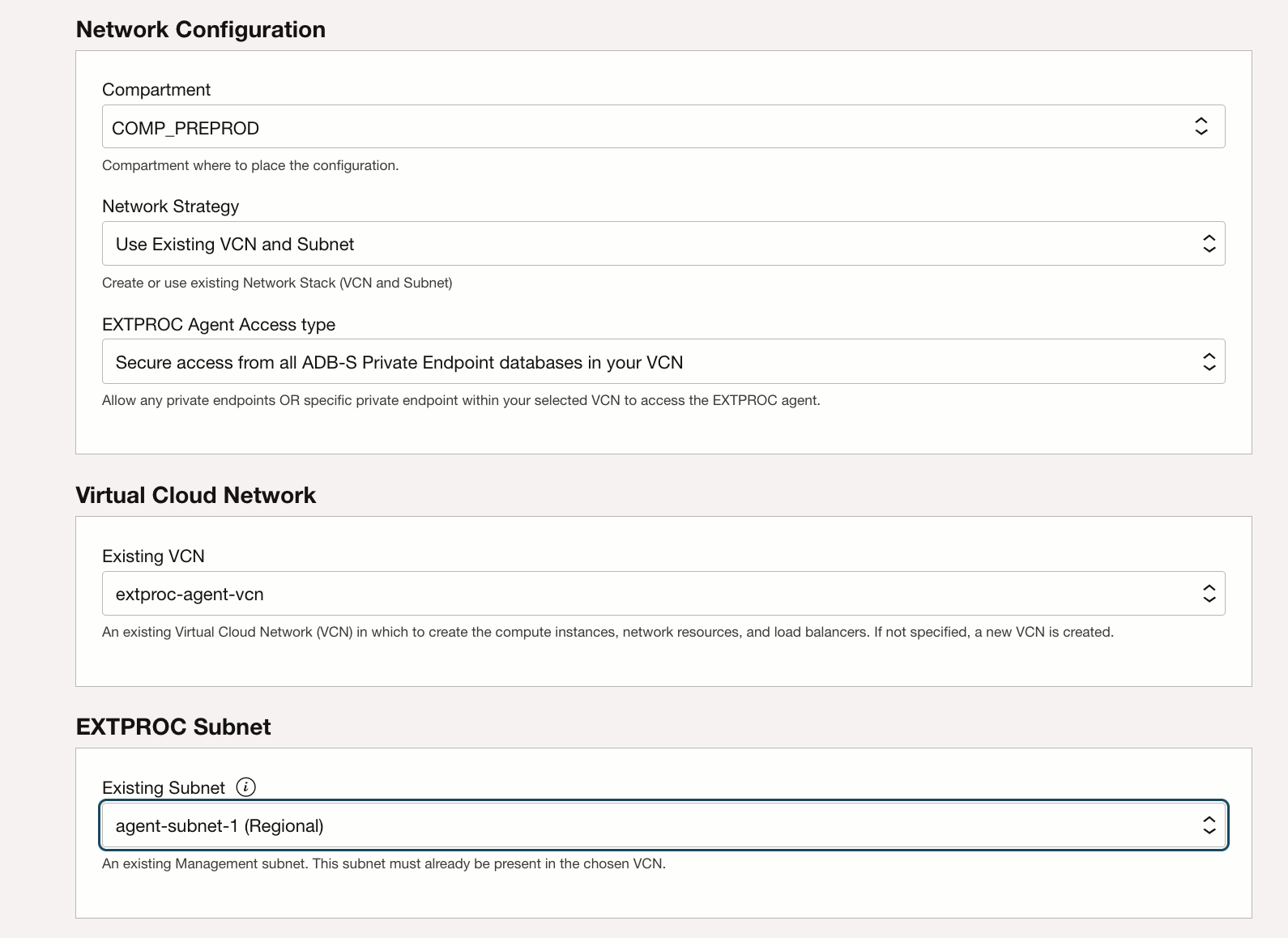 adbs_extproc_network_configuration_existing_vcn.pngの説明が続きます