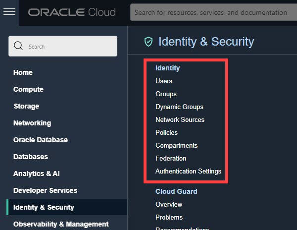 「ドメイン」メニュー・オプションがない「アイデンティティとセキュリティ」が表示されているOracle Cloudコンソール