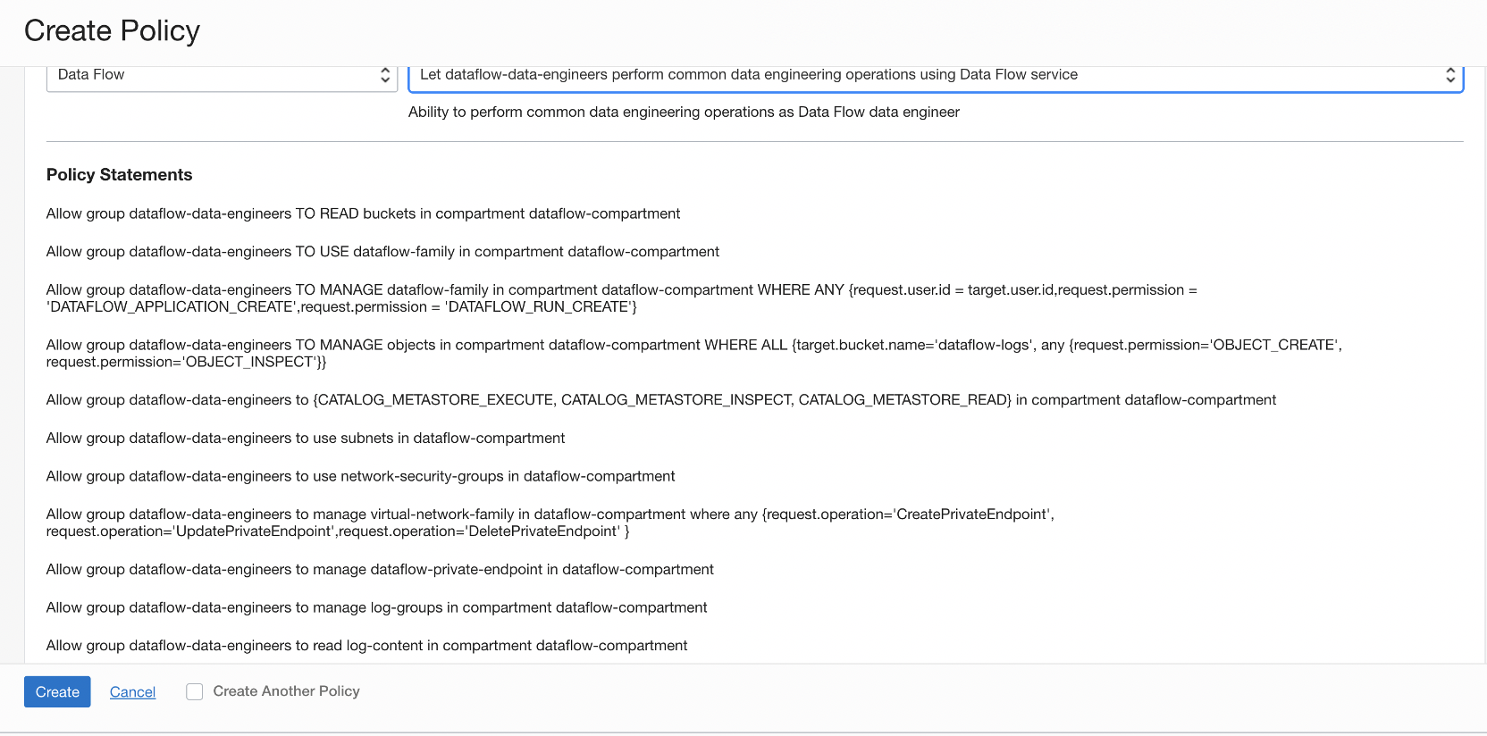 ポリシーLet dataflow-data-engineersは、データ・フロー・サービスを使用して共通データ・エンジニアリング操作を実行し、そのポリシー・ステートメントを表示します。