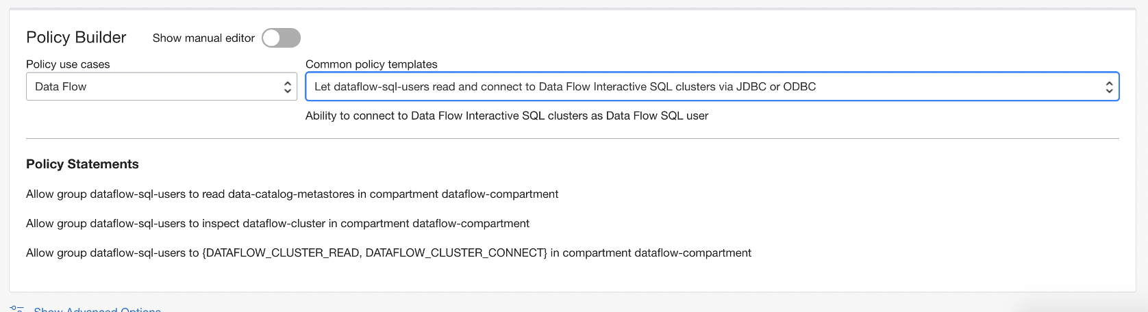 「Use dataflow-sql-users read and connect to Data Flow Interactive SQL cluster via JDBC or ODBC」ポリシーが選択され、そのポリシー・ステートメントが表示されます。